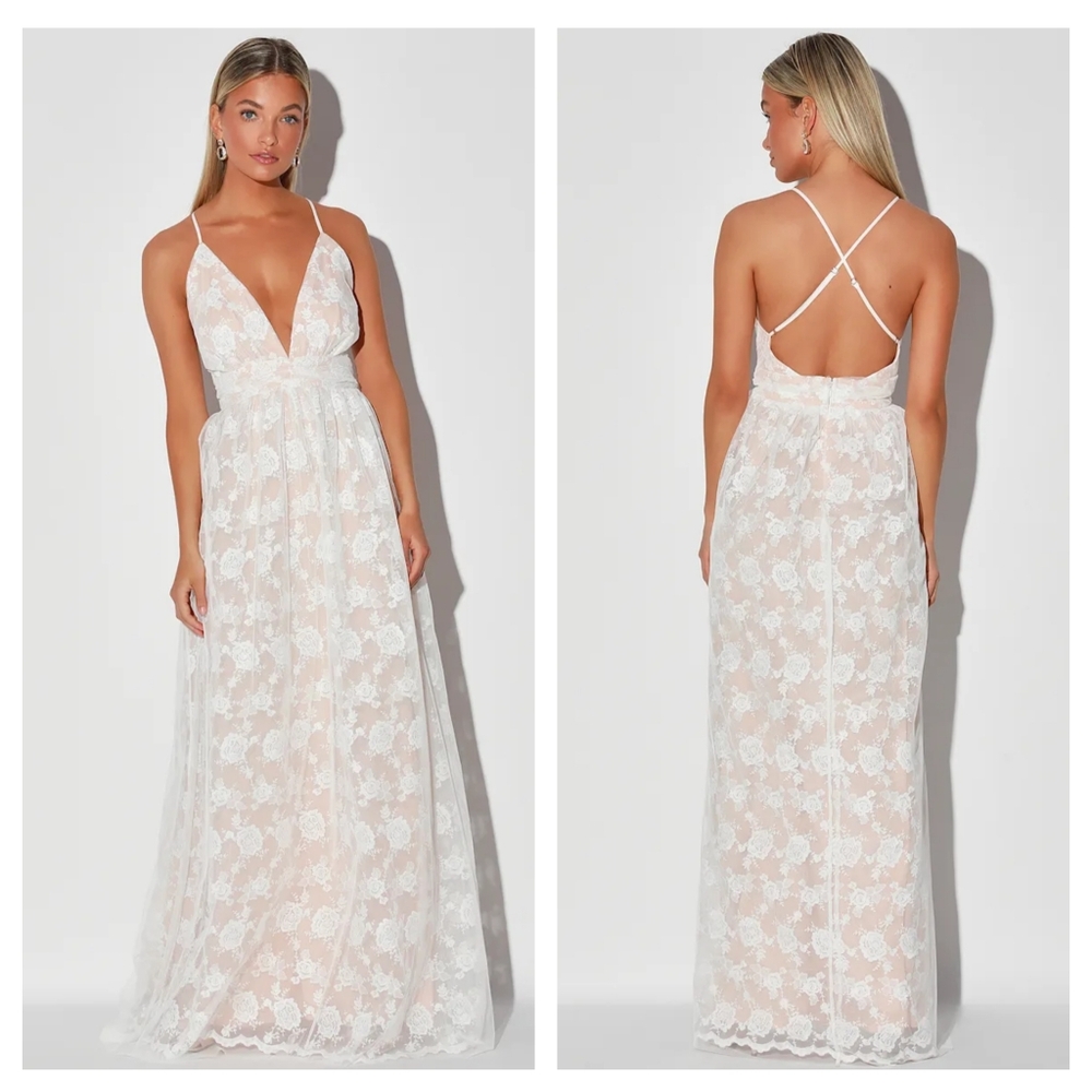 Lulu's White Floral Lace Wedding Dress